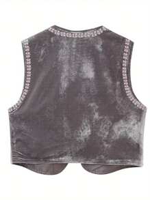 Womens Embroidered Vest Tops Classic Sleeveless Open Front Cardigan Velvet Vest Fall Outwear - Grey - View 2