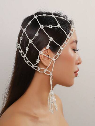 1pc Elegant Luxury Multi-Layer (Faux) Pearl Handmade Braided White Faux Pearl Hair Accessory Chain, Suitable For Wedding, Party, Fashion Show, Gift For Women