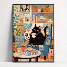 1幅现代装饰艺术风格猫咪海报 - 帆布印刷卡通黑猫在沙发上享用咖啡 - 复古室内墙面装饰，适用于客厅、家庭办公室、厨房、卧室 - 动物主题春季装饰和冬季水墨画（带框） - 彩色 - 查看 3