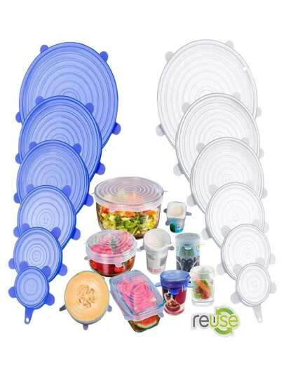 Juego de 6 tapas de silicona elásticas para alimentos, cubiertas reutilizables de silicona, tapa de sellado con sonrisa para recipientes de alimentos, conservación hermética de frutas y verduras (Nota: Debido a diferentes lotes, el número, el tamaño y la forma de los mangos pueden variar, por lo que nos disculpamos por cualquier inconveniente.)