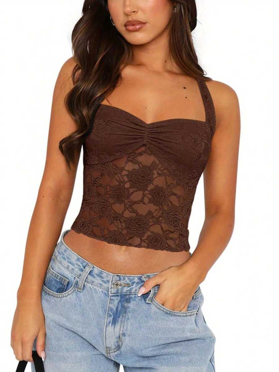 Women's Halter Tank Tops Slim Fit Backless Sleeveless See Through Tie-Up Lace Crop Vest For Party Club Cocktail Party - 咖啡色 - 查看 1