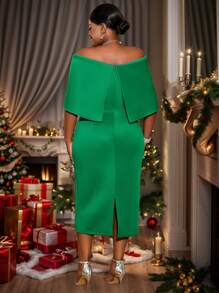 Plus Size Women Green Off-Shoulder Bow Decoration Dress, Elegant Cocktail Semi Formal Prom Wedding Guest Dress, For Birthday, Graduation, Dinner, Homecoming Party Dress