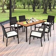 Homasis Rectangle Patio Outdoor Dining Table Acacia Wood Tabletop W/ 2'' Umbrella Hole
