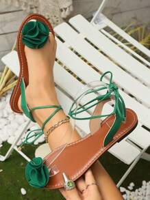 Sandalias bohemias de mujer con cordones cruzados y estampado floral, sandalias romanas planas versátiles con tiras, disponibles en beige, verde, morado y negro, aptas para primavera y verano - Verde - Ver 12