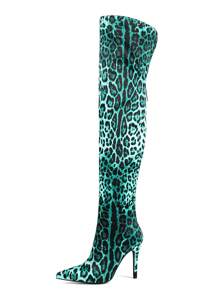 Fashionable Leopard Print Pointed Toe Over-The-Knee High Heel Boots - Green - View 2