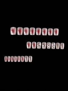 24 件短棺材可爱现代主义 Y2K 日本风格粉色红眼光泽闪亮极光猫眼闪光水钻装饰全覆盖假按压指甲套装提升您的风格，适合女性和女孩在冬季和圣诞节日常指甲装饰 - 紅色 - 查看 2