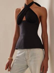 Women's Summer Fashion Tank Tops Solid Color Sleeveless Open Back Halter Neck Ruched Tops - màu đen - Xem 2