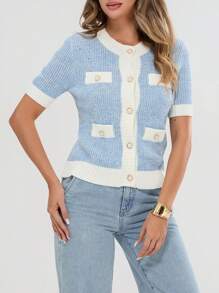 Women's Summer Knit Tops Contrast Color Pearl Button Short Sleeve Round Neck Sweater Cardigans - Sky Blue - View 6