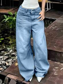 Stylish Loose-Fitting Women's Jeans With Five Pockets And Imitation Details, Suitable For Daily Outdoor Activities And All Seasons - Blue - View 1