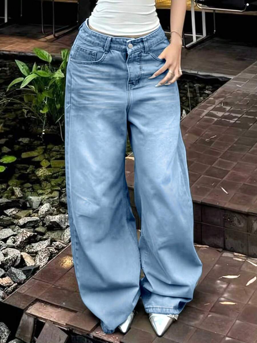 Stylish Loose-Fitting Women's Jeans With Five Pockets And Imitation Details, Suitable For Daily Outdoor Activities And All Seasons - Blue - View 1