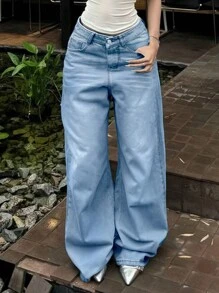 Stylish Loose-Fitting Women's Jeans With Five Pockets And Imitation Details, Suitable For Daily Outdoor Activities And All Seasons - Blue - View 3