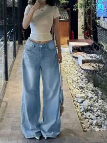 Stylish Loose-Fitting Women's Jeans With Five Pockets And Imitation Details, Suitable For Daily Outdoor Activities And All Seasons - Blue - View 4