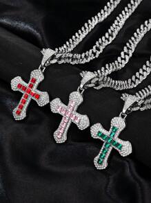 1pc Men's New Arrival Oversized Cross Pendant Necklace, Creative European & American Style Diamond Encrusted Metal Cross Design, Versatile For Everyday Wear For Both Men And Women - Various - View 3