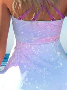 2-Piece Ombre Bubble Print Drawstring Strappy Tankini Dress Top & Shorts Set - Stylish, Comfortable, Quick-Drying Women's Swimwear For Beach, Pool, Summer Vacation - Swimsuits, Clothing For Ladies - 紫色 - 查看 5