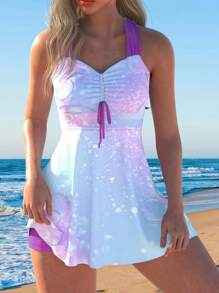 2-Piece Ombre Bubble Print Drawstring Strappy Tankini Dress Top & Shorts Set - Stylish, Comfortable, Quick-Drying Women's Swimwear For Beach, Pool, Summer Vacation - Swimsuits, Clothing For Ladies - 紫色 - 查看 4