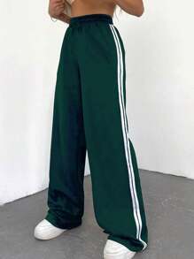 Women Young Lady Casual College Style Side Stripe Solid Color Simple Sports Pants, For Daily Wear - Green - View 8