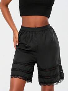 Women Loose Half Slip Shorts Loose Fit Lace Trim Pettipants Culotte Slip Bloomers Split Underwear Shorts Summer Pajama Shorts Sleepwear - 黑色 - 查看 5