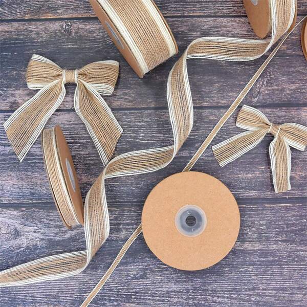 1 Rollo de cinta de arpillera con borde blanco decorativa para envolver regalos, decoración de boda, eventos, fiestas, decoración del hogar, manualidades y artesanía