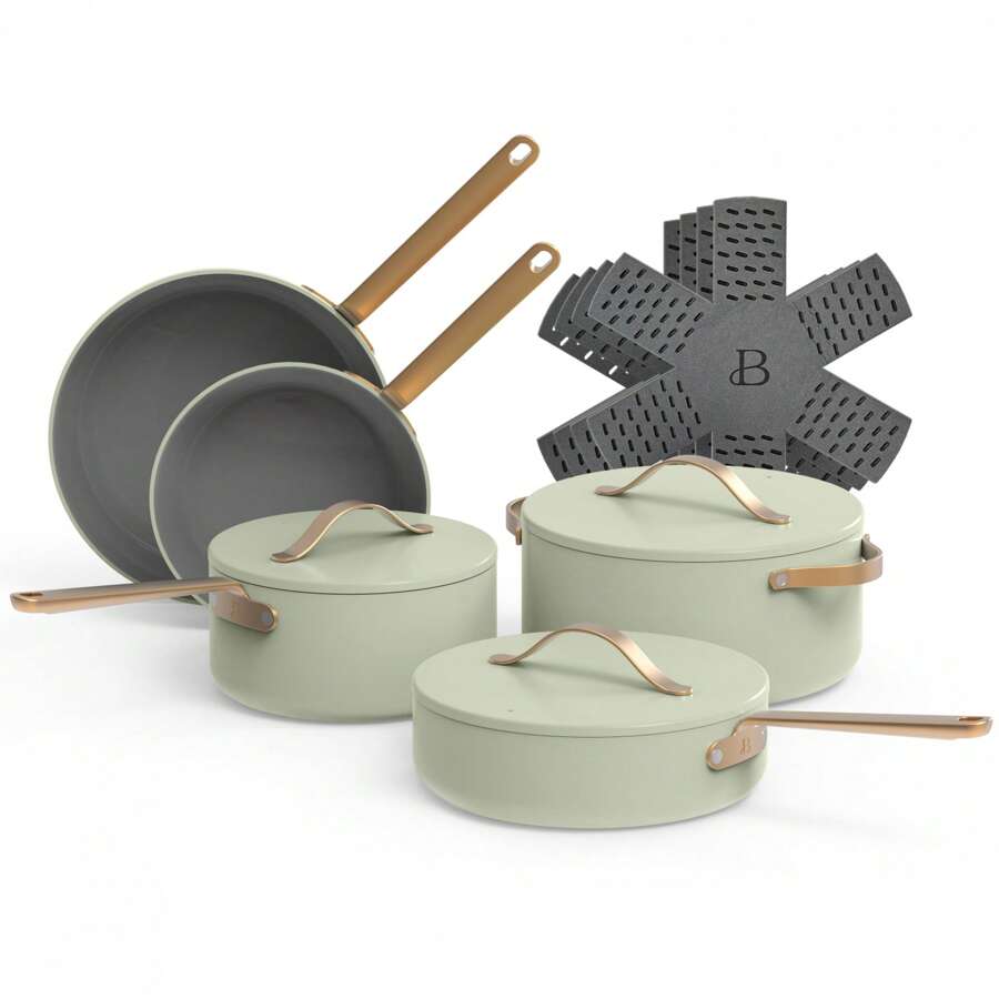 Beautiful 12pc Ceramic Non-Stick Cookware Set, Starry Night By Drew Barrymore, Blue - Green - View 1
