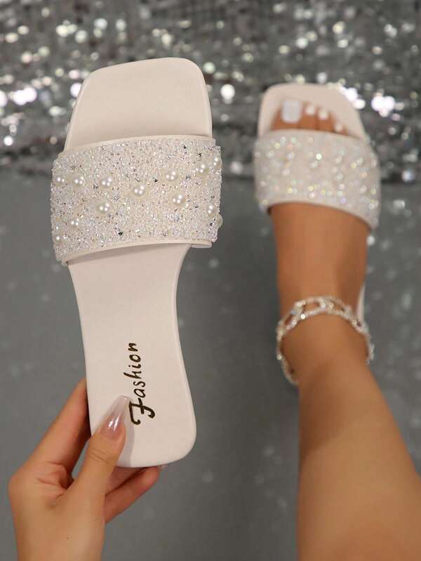 Plus Size Women's One-Toe Rhinestone Decor Slide Sandals, Casual Versatile Outdoor Plastic Flat Slippers Valentines