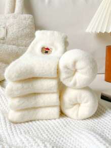 1pair/3pairs Women's Comfortable Winter Cartoon Mid-Calf Socks, Polyester Blended, Knitted Fabric, Cute Animal Pattern, Warm Lining, Hand Washable - Beige - View 3