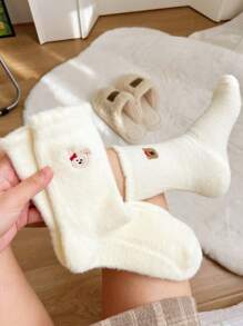 1pair/3pairs Women's Comfortable Winter Cartoon Mid-Calf Socks, Polyester Blended, Knitted Fabric, Cute Animal Pattern, Warm Lining, Hand Washable - Beige - View 6