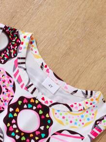 女孩全甜甜圈印花连衣裙 + 甜甜圈 PU 皮革单肩包 - 白色 - 查看 5