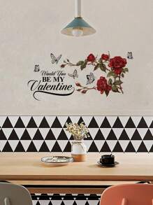 1pc PVC Material Valentine's Day English Letter, Rose Wall Sticker, Living Room Bedroom Holiday Decor Adhesive Wall Art Poster
