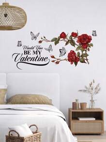 1pc PVC Material Valentine's Day English Letter, Rose Wall Sticker, Living Room Bedroom Holiday Decor Adhesive Wall Art Poster