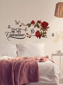 1pc PVC Material Valentine's Day English Letter, Rose Wall Sticker, Living Room Bedroom Holiday Decor Adhesive Wall Art Poster