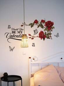 1pc PVC Material Valentine's Day English Letter, Rose Wall Sticker, Living Room Bedroom Holiday Decor Adhesive Wall Art Poster