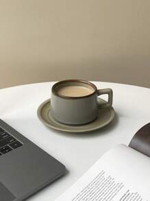 1 套复古粗陶瓷咖啡杯碟套装，日式拿铁艺术设计，奢华高端精致马克杯，理想礼物 - 灰色 - 查看 11