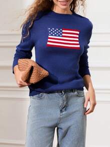 Women American Flag Sweater Y2k Patriotic Stars Stripes Print Long Sleeve Creneck Knit Sweatshirt Pullovers Tops Loose Jumpers Tops 4th Of July Outfit Streetwear - Navy Blue - View 4