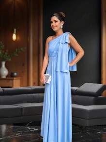 Long Party Dress With Lace, Lined Cups, Comfortable, Elegant, Simple - 淺藍色 - 查看 1
