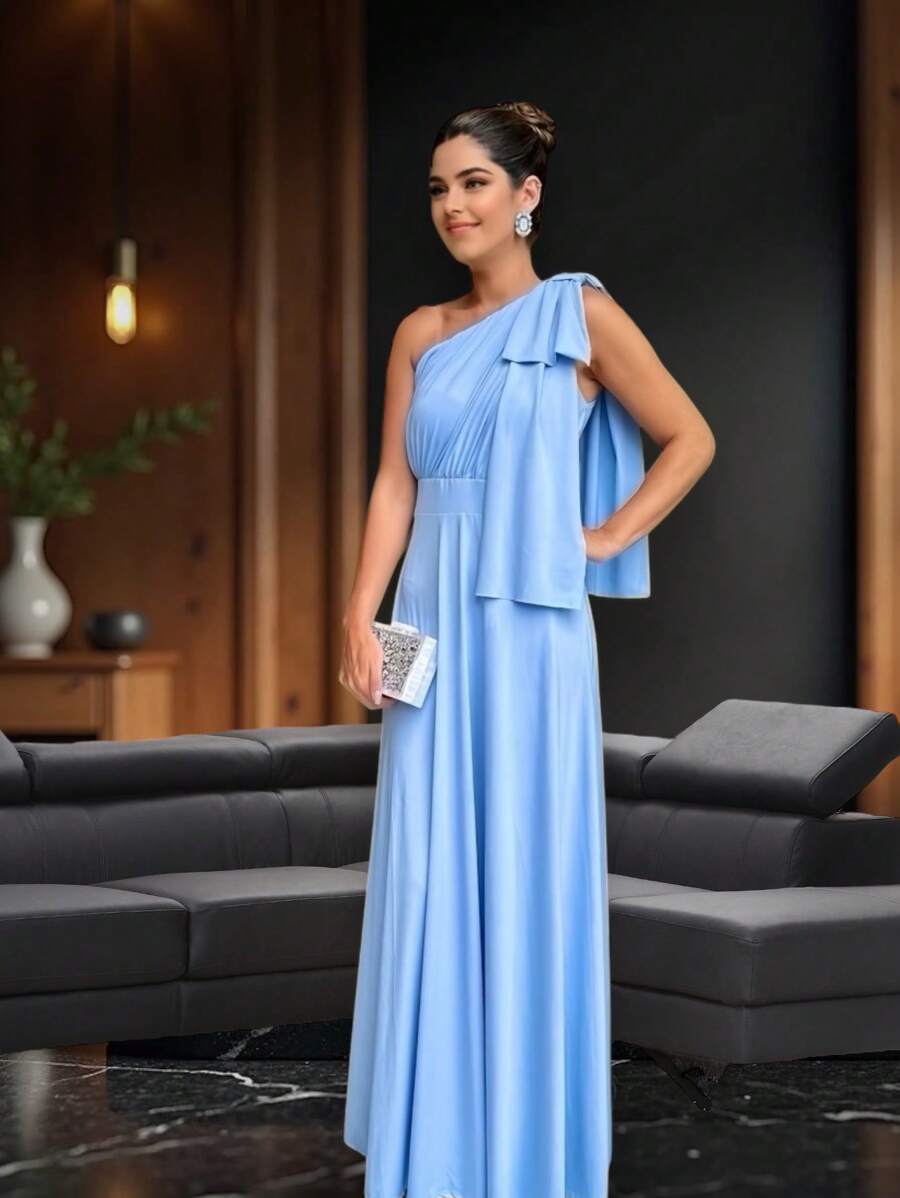 Long Party Dress With Lace, Lined Cups, Comfortable, Elegant, Simple - 淺藍色 - 查看 1