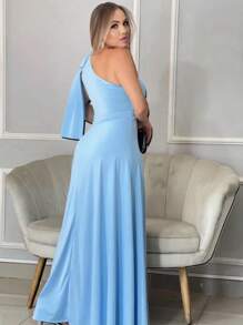 Long Party Dress With Lace, Lined Cups, Comfortable, Elegant, Simple - 淺藍色 - 查看 3