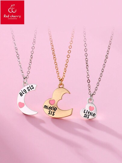 3pcs/Set Heart & Moon Shaped Zinc Alloy Pendant Necklace, Ideal For Mother's Day, Sister's Day And Other Festivals Gifts