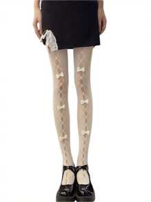 Women See-Through Pantyhose With Bow Knot Decors, Hollow Out Sheer Tights For Ladies - Nơ lớn màu trắng trên nền trắng - Xem 2