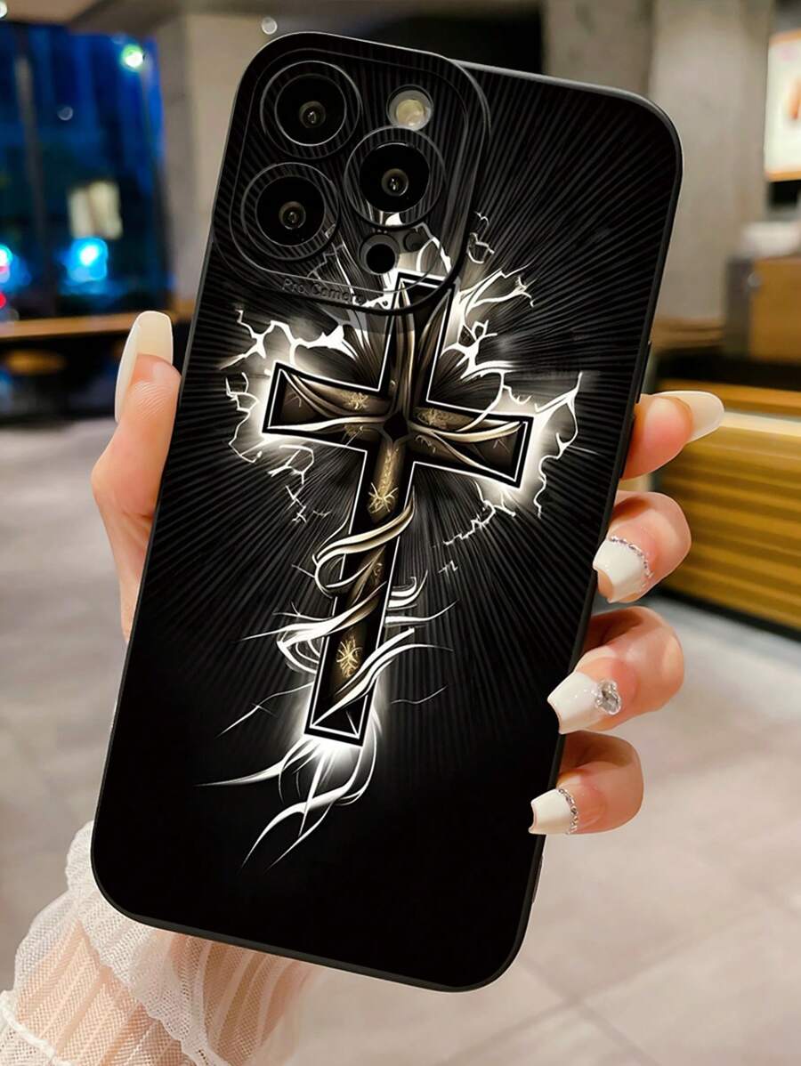 1 pieza Funda de teléfono móvil con forma de cruz y resistente a golpes compatible con Apple, /Galaxy, Infinix, Redmi, OPPO, VIVO, Realme - Negro - Ver 1