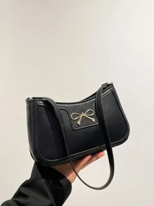 棒球饰品、时尚休闲女士单肩法棍包、金属蝴蝶结装饰腋下单肩包、新月手提包、百搭通勤包、户外休闲包、拼布手提包 - 黑色 - 查看 5