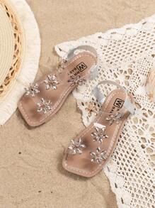 Girls' Fashionable Cute Glitter Sequin Snowflake Thong Flat Sandals, Peep Toe Summer Flat Dress Shoes, Suitable For Little Girls Beach Party Outdoor Camping, Flower Center Changed To Round Rhinestones