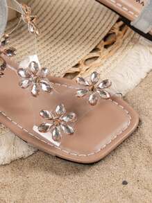Girls' Fashionable Cute Glitter Sequin Snowflake Thong Flat Sandals, Peep Toe Summer Flat Dress Shoes, Suitable For Little Girls Beach Party Outdoor Camping, Flower Center Changed To Round Rhinestones