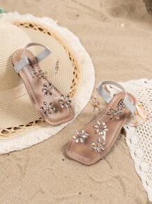 Girls' Fashionable Cute Glitter Sequin Snowflake Thong Flat Sandals, Peep Toe Summer Flat Dress Shoes, Suitable For Little Girls Beach Party Outdoor Camping, Flower Center Changed To Round Rhinestones