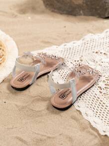 Girls' Fashionable Cute Glitter Sequin Snowflake Thong Flat Sandals, Peep Toe Summer Flat Dress Shoes, Suitable For Little Girls Beach Party Outdoor Camping, Flower Center Changed To Round Rhinestones
