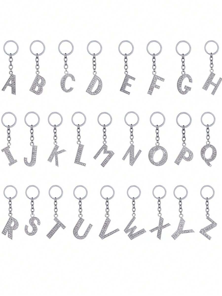 1pc Unisex New Elegant Silver Letter Rhinestone Plated Keychain, Luxury English Letter Bag Charm - Silver - View 1