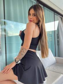 Shorts Skirt Fitness Gym High Waist Butt Cover - 黑色 - 查看 4