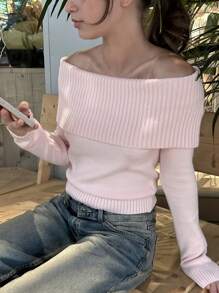 Suéter hombros descubiertos para mujer, de manga larga, entallado, con pliegues, de tejido de punto, informal, para otoño, estilo urbano - Rosa - Ver 4