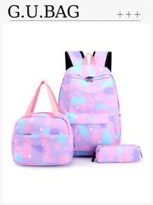 3 件套背包套装，时尚简约清新大容量多口袋轻便背包、铅笔盒、午餐袋，星空涂鸦拼布尼龙材质，多色可选，适合女性办公室、度假、旅行、户外、运动、学生返校，实用礼品套装 - 紫色 - 查看 2