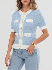 Women's Summer Knit Tops Contrast Color Pearl Button Short Sleeve Round Neck Sweater Cardigans - Sky Blue - View 7