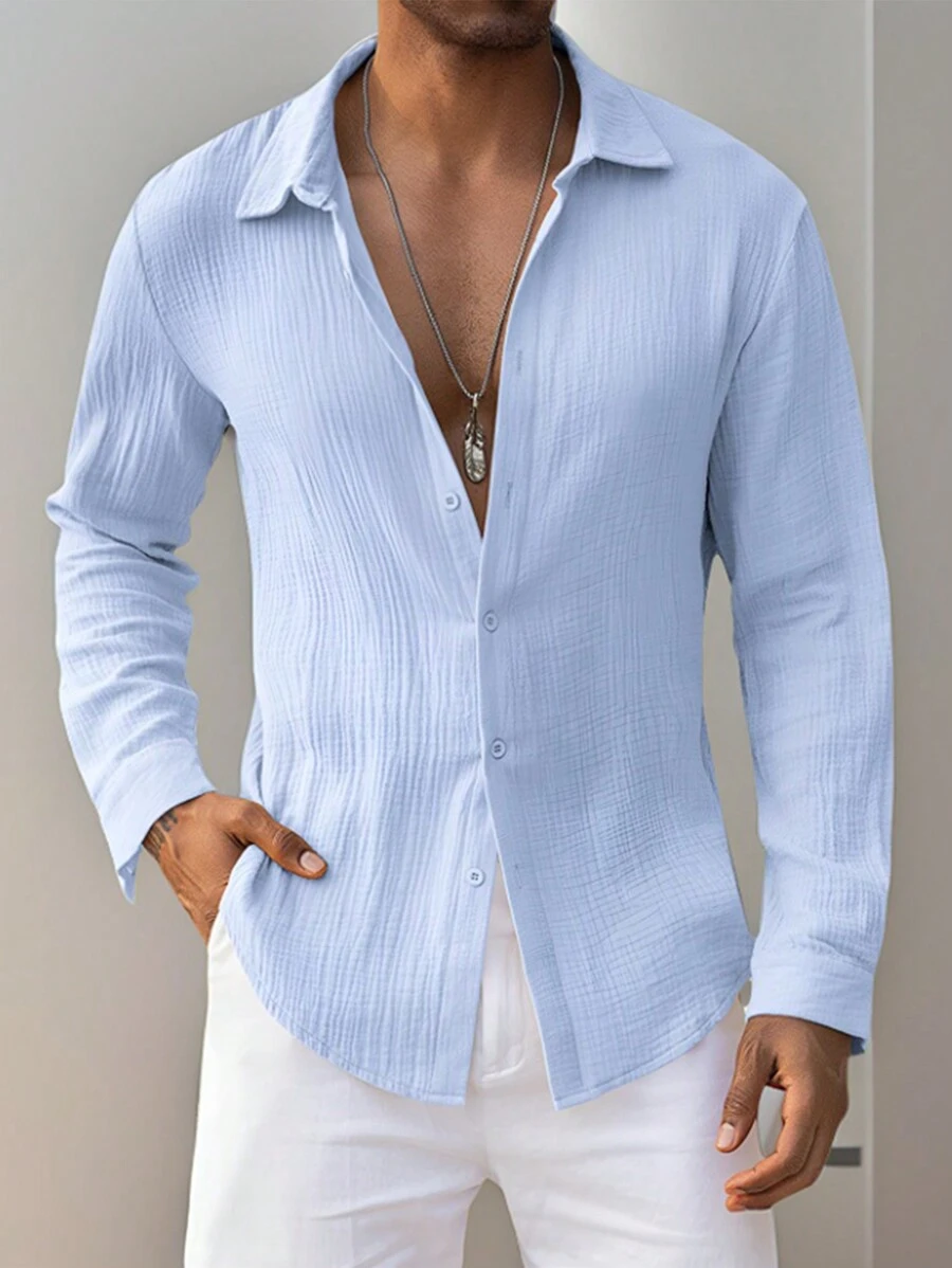 Camicia casual a maniche lunghe con bottoni da uomo, stile hawaiano per vacanze estive in spiaggia, camicia con collo a revers monocolore, adatta per l'autunno